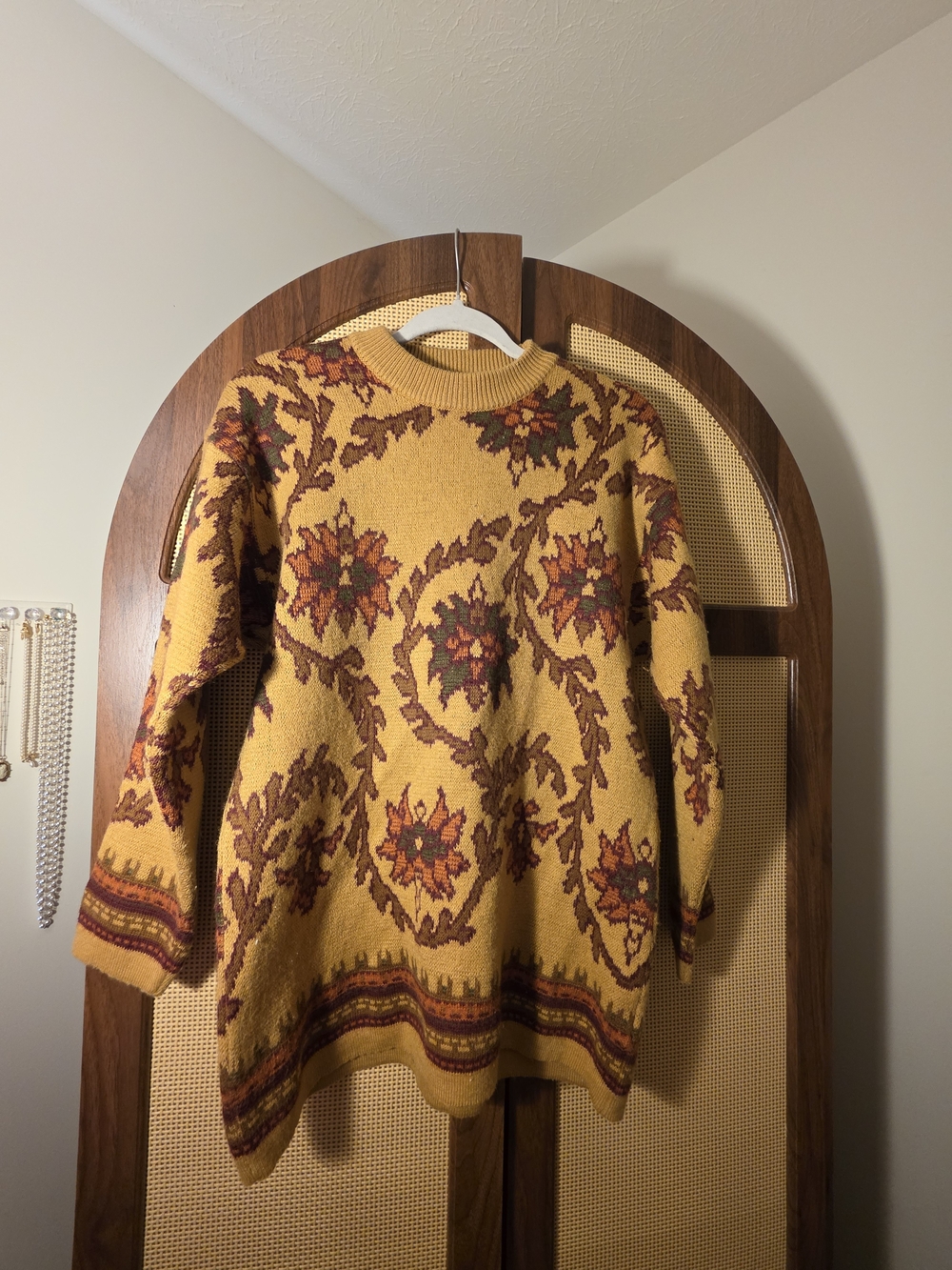Floral Jacquard Crewneck Sweater in Mustard - Women's